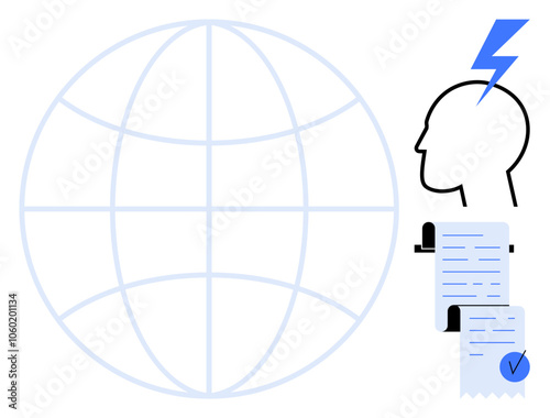 A minimalist and modern design style with a globe, a human head with a lightning bolt, and documents. Ideal for themes of innovation, global reach, strategic planning, creativity, and documentation