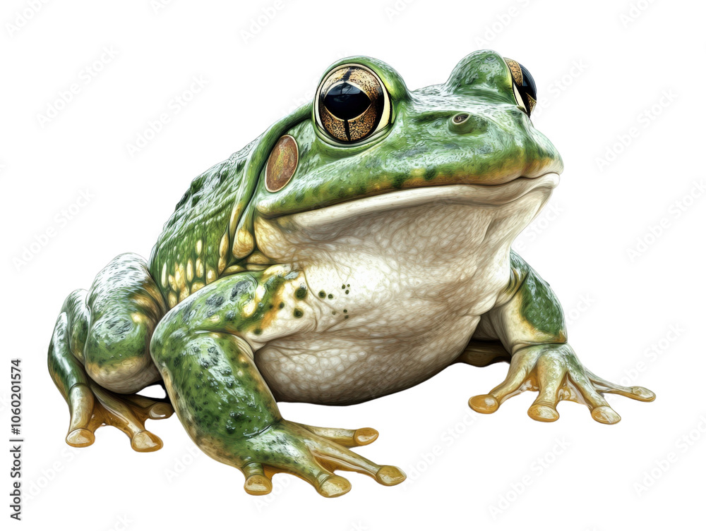 Obraz premium Realistic green frog sitting, detailed features, white isolated background.