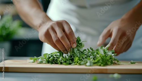 Wallpaper Mural A person prepares fresh herbs on a wooden cutting board in a modern kitchen, emphasizing culinary skills and the joy of cooking. Torontodigital.ca