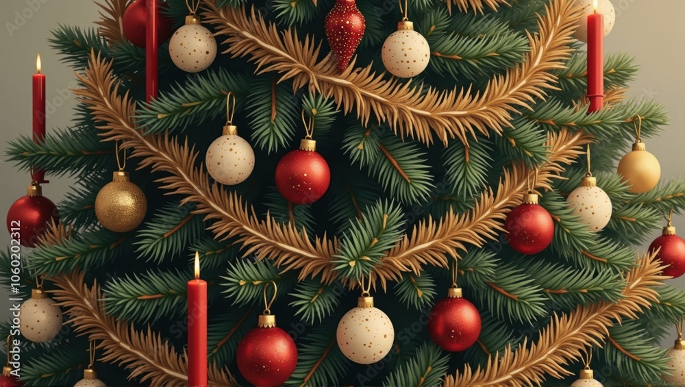 Decorated Christmas tree with red and gold ornaments, festive holiday season, warm colors, close-up view. Generative, AI, Decorated Christmas tree with red and gold ornaments, festive holiday season, warm colors, close-up view. Generative, AI,
