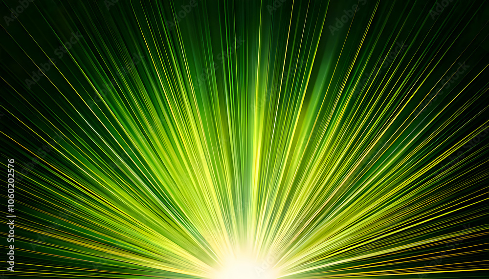 Fototapeta premium Asymmetric green light burst, abstract beautiful rays of lights on dark green background wit