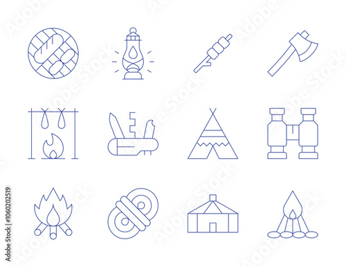 Camping icons. Thin Line style, editable stroke. axe, binoculars, bonfire, oil lamp, pocket knife, rope, barbecue, campfire, marshmallows, tent, yurt
