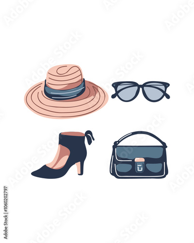 Blue-themed accessory collection: handbag, hat, high-heeled shoes, and glasses, stylish and cohesive