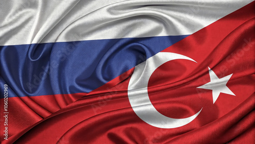Close-up of blended Russia and Turkey flags symbolizing cooperation, diplomacy, and international relations. The silk texture highlights national identity and partnership.