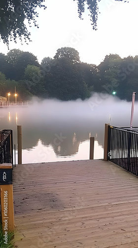 A wooden dock extends out onto a misty lake, with a row of trees lining the far shore. photo