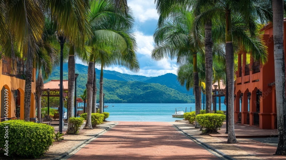 Fototapeta premium Serene View of Tropical Waterfront Pathway