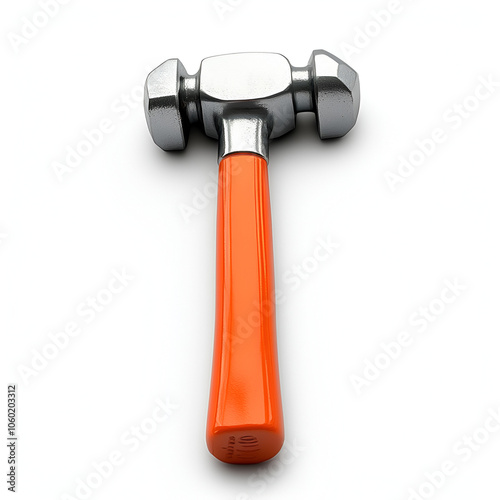 A close-up view of a metal and orange rubber mallet resting on a white background, showcasing its design and construction photo