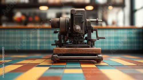 Close-up of a vintage film projector on a tiled floor with a blurred background in a retro setting. photo