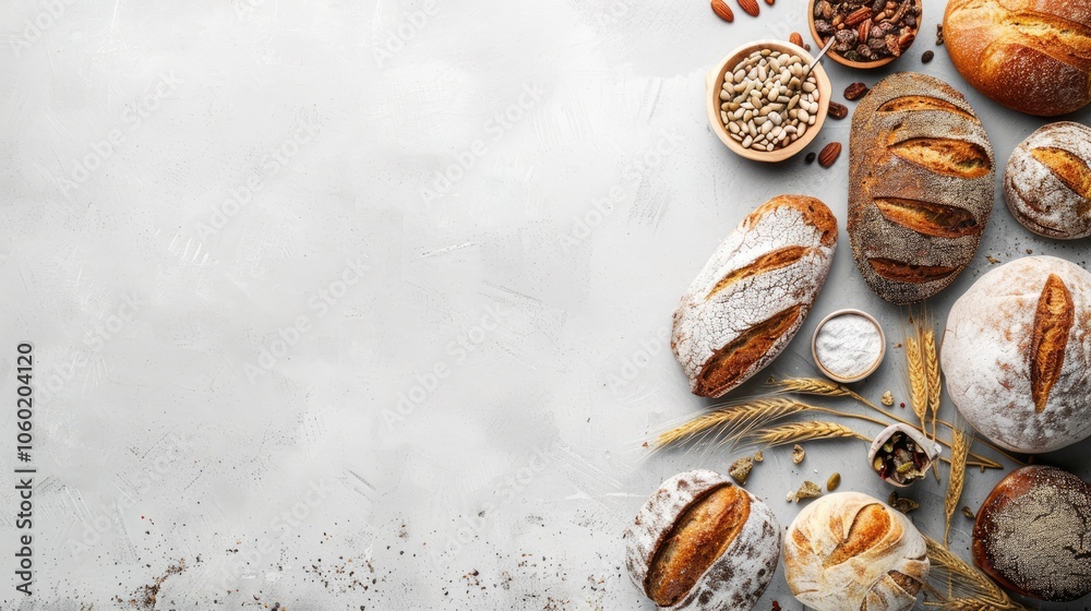 Obraz premium Variety of freshly baked homemade breads displayed with empty space for text.