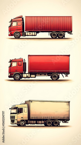 Three semi-trucks, one red, one white and one tan, isolated on white background. photo