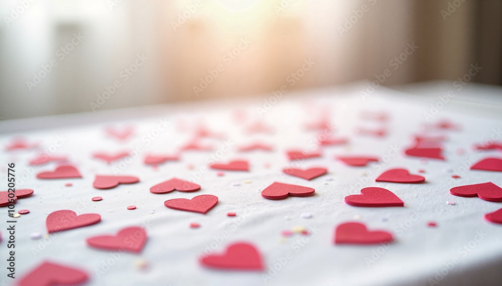 Red paper heart decorations scattered on a white tablecloth in a romantic setting with soft lighting Red paper heart decorations scattered on a white tablecloth in a romantic setting with soft lighting