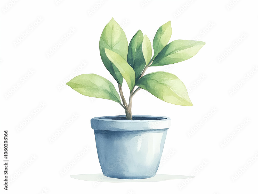 Potted plant with green leaves, white background.