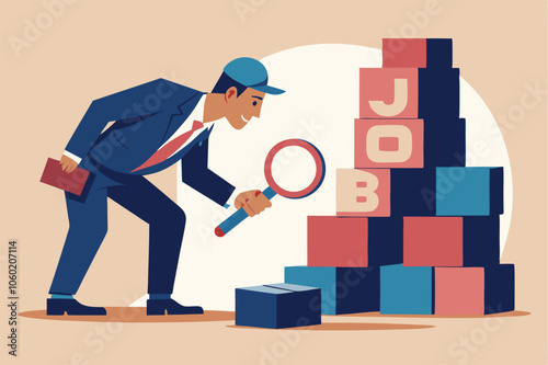 finding the right job opportunity: smart unemployed businessman searching for career options and ideal employer vector illustration.