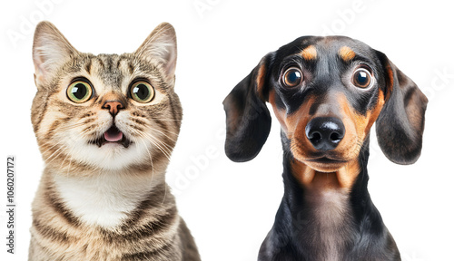 Surprised cat, dog and dachshund isolated on a transparent PNG background, white background , cut out, clipping path, Generative Ai photo