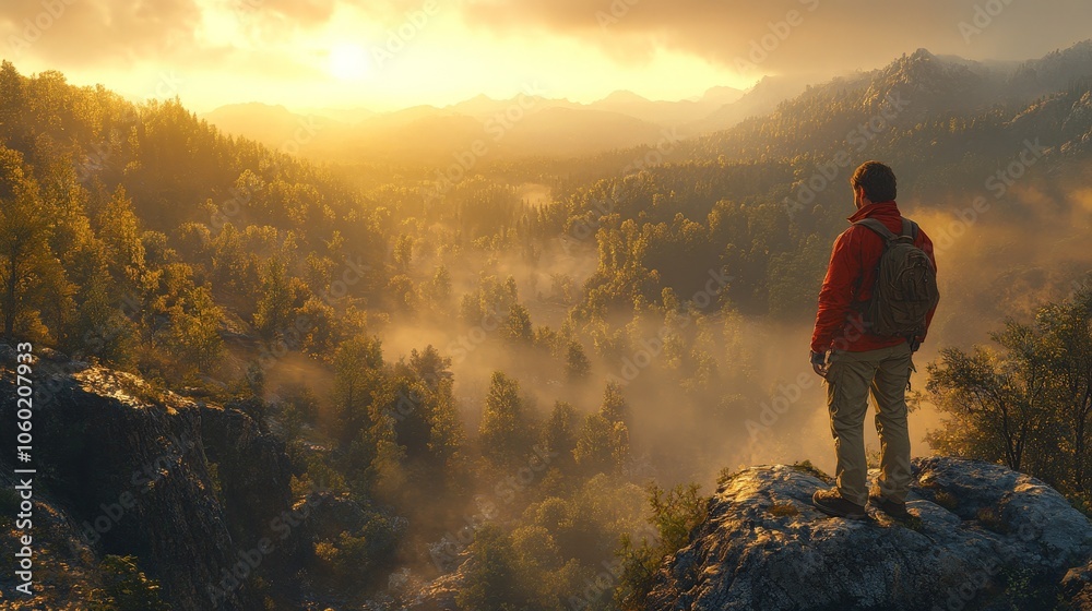 Man standing on a cliff enjoying a breathtaking sunset view Man standing on a cliff enjoying a breathtaking sunset view