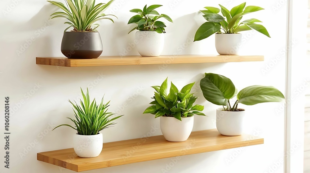 Minimalist wooden floating shelves displaying an assortment of green potted plants, adding a fresh and natural touch to a bright room. Minimalist wooden floating shelves displaying an assortment of green potted plants, adding a fresh and natural touch to a bright room.