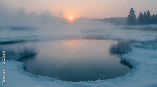 A Tranquil Sunrise at the Serene Natural Spring: The Elusive Panacea Herb Amidst Waking Nature