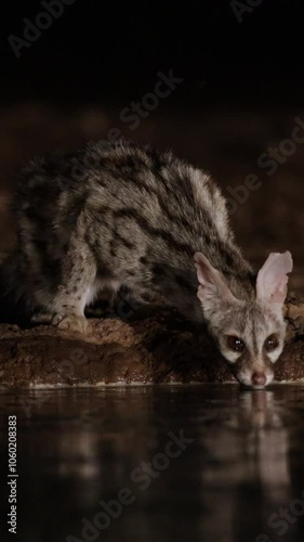 Vertical video - a genet drinking water at night. photo