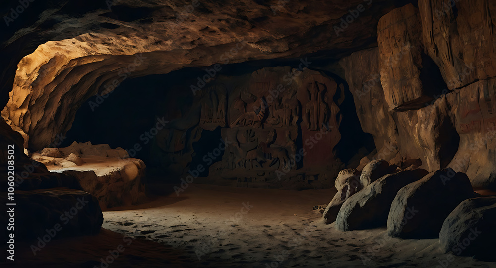 Obraz premium A dark, atmospheric cave with dim light illuminating primitive wall art. Paintings of animals and symbols cover the walls, with rocky surfaces and earthy textures.