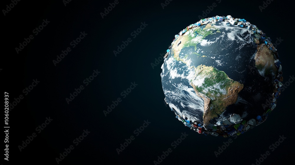 Fototapeta premium A digital representation of Earth surrounded by waste, symbolizing pollution and environmental challenges facing the planet.