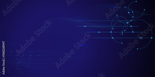 Vector illustration fantastic digital technology. Technology lines circuit and dots on blue background, circuit board network connection.