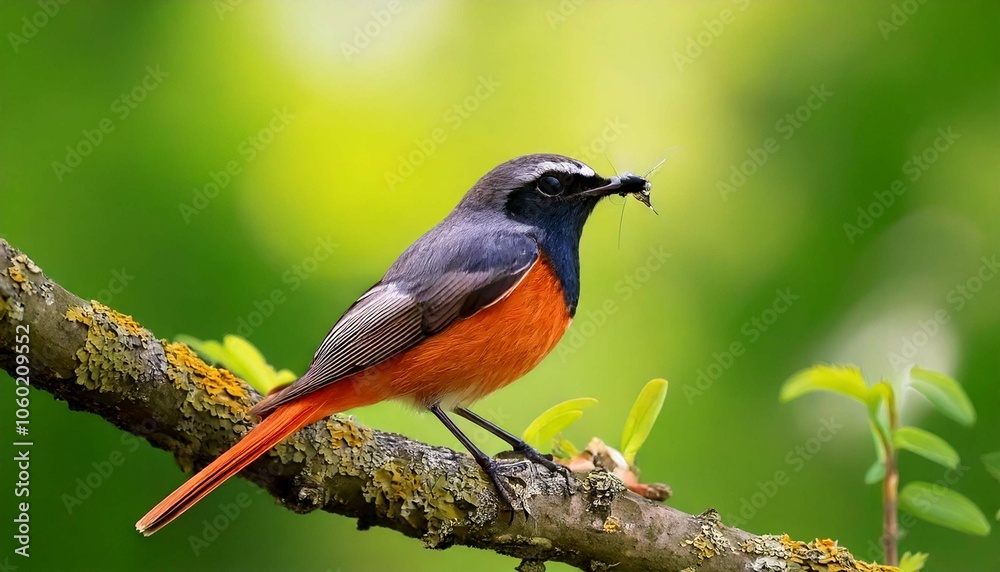 Naklejka premium A male redstart bird perched on a branch with a fly