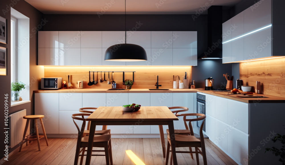 Fototapeta premium Minimalist Scandinavian kitchen with white cabinets, wooden countertops and a small dining table with chairs, glowing, dramatic lighting