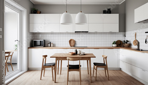 Minimalist Scandinavian kitchen with white cabinets, wooden countertops and a small dining table with chairs, soothing tones