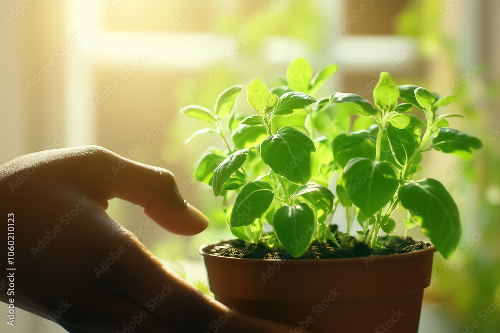 A person gently cares for vibrant herbs, enjoying the tranquility of indoor gardening in warm sunlight A person gently cares for vibrant herbs, enjoying the tranquility of indoor gardening in warm sunlight
