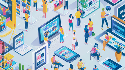 A scene of individuals exploring an e-commerce website on various devices.