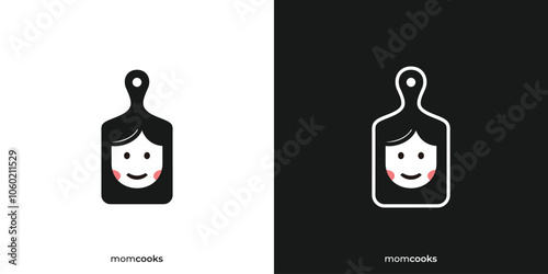 Mom Cooks Logo. Cutting Board and Woman Face with Minimalist Style. Mom Kitchen Logo, Icon, Symbol, Vector, Design Inspiration.
