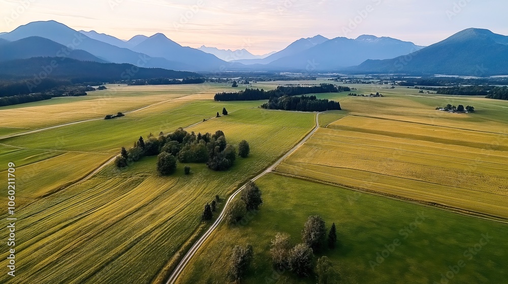 Fototapeta premium Aerial view of expansive agricultural fields with a winding path, surrounded by distant mountains under a clear sky at dusk.