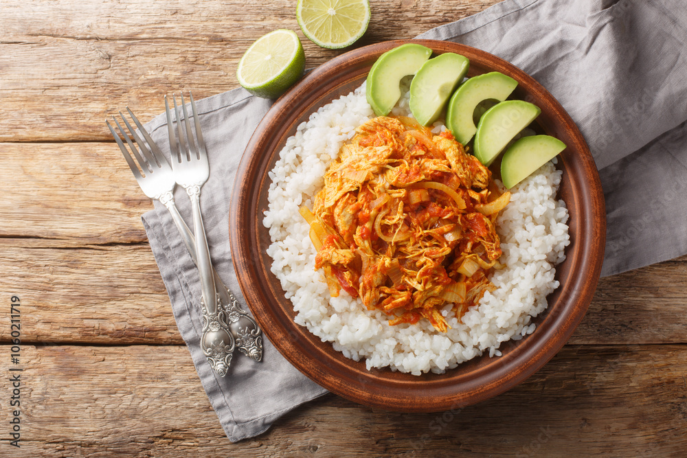 Tinga de Pollo shredded chicken cooked with onion, garlic, tomatoes and chipotle served with rice and avocado closeup in plate on the table. Horizontal top view from above