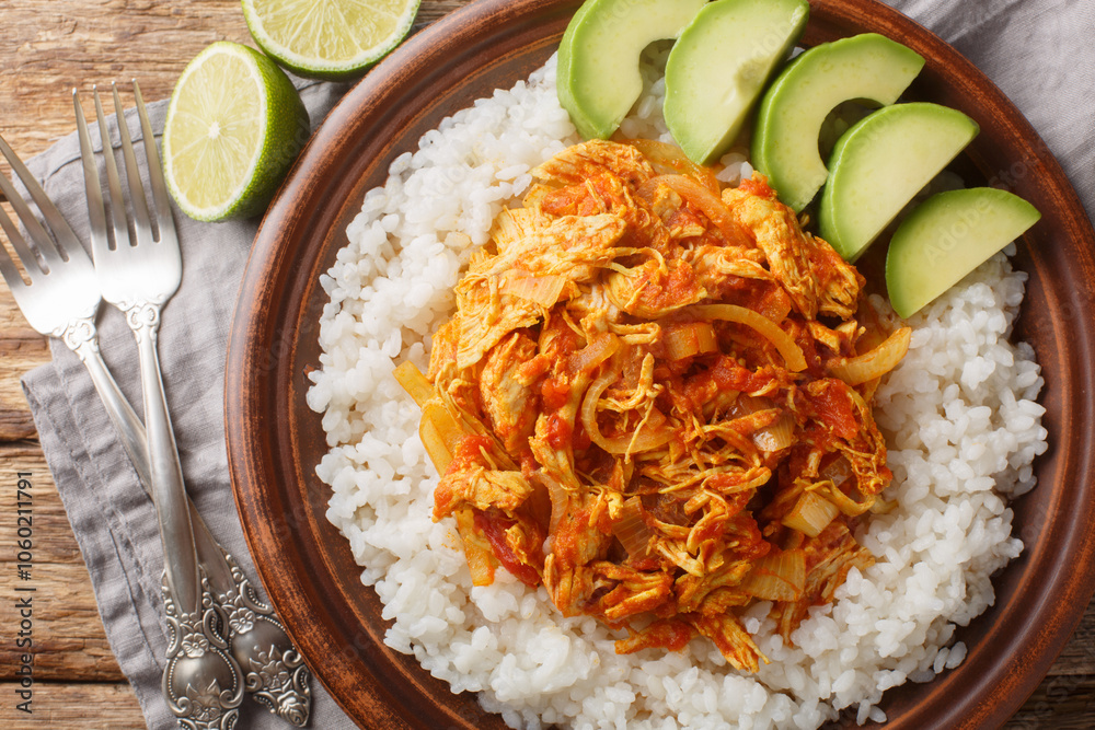 Tinga is a Mexican dish made with shredded chicken in a sauce made from tomatoes, chipotle in adobo, and sliced onions served with rice and avocado closeup in plate. Horizontal top view from above