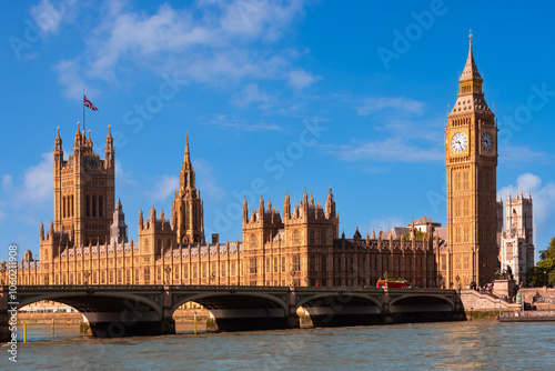 Houses of parliament and Big Ben in London, England. Famous landmark and tourist attraction