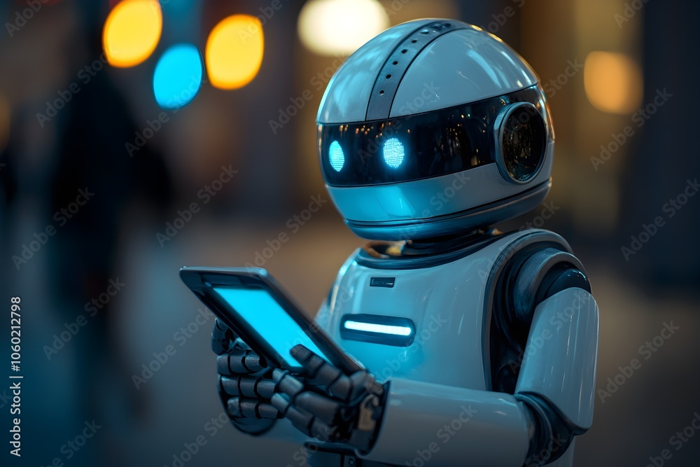 Fototapeta premium Android robot with a smartphone. Generative AI