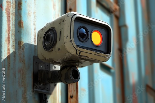 Futuristic scene with a high-tech robot surveillance camera. Generative AI.
