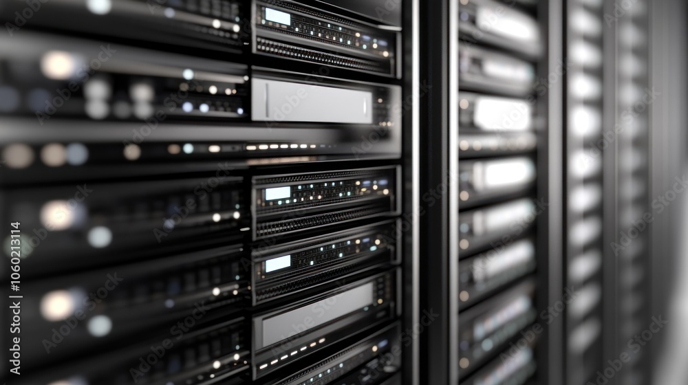 A close-up view of a server rack showcasing multiple storage devices and servers. A close-up view of a server rack showcasing multiple storage devices and servers.