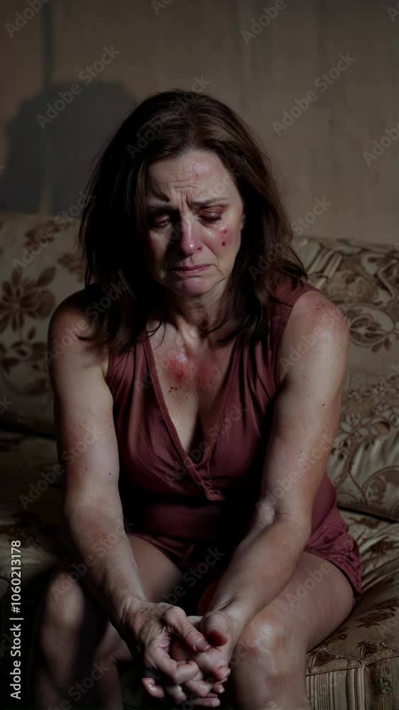 A woman is sitting on a sofa. She has a bruise on her face and is crying. Concept of gender violence A woman is sitting on a sofa. She has a bruise on her face and is crying. Concept of gender violence