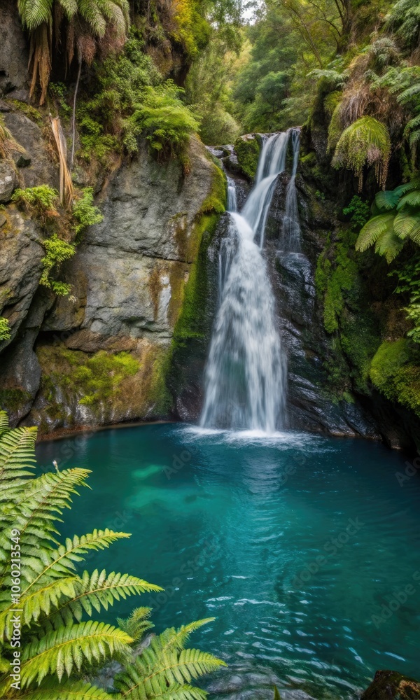 Fototapeta premium Tranquil waterfall in a lush forest setting