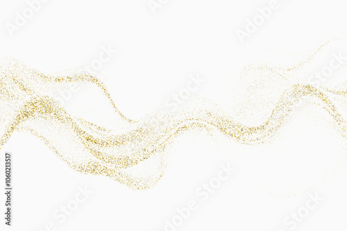 Gold wavy lines and gold glitter on white background. Luxurious gold flowing wavy lines of luminous flow with gold glitter. A glittery holiday decorative design.