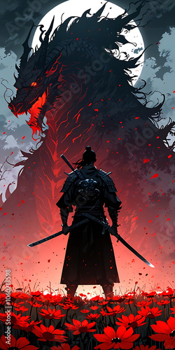 A solitary warrior stands amidst a dark, fiery landscape, wielding a sword against a towering, monstrous figure in the sky. photo