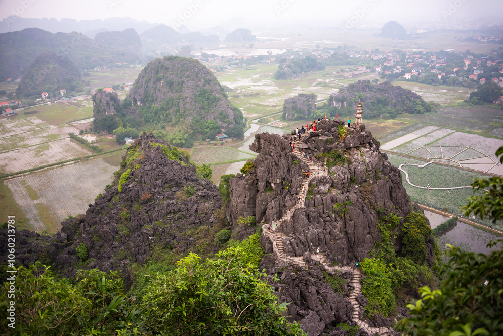 Fototapeta premium Mountain with pagoda in Ninh Binh, Vietnam
