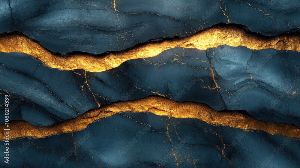 Naklejka premium Abstract blue and gold marble texture with wavy lines and cracks.