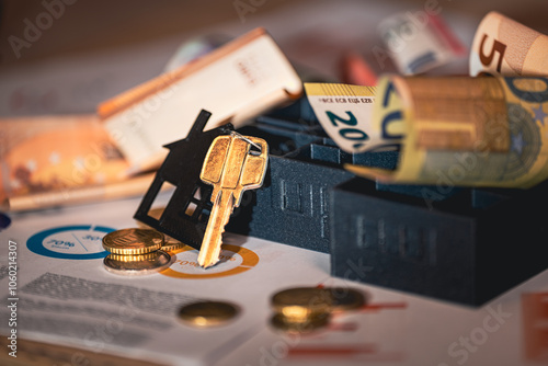 house model new housing estate door keys mortage agreement statistics cash and coins on documents