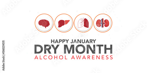 Dry January banner with overturned wine glasses border and text in frame. Alcohol free month challenge graphic concept. Vector illustration on red background.