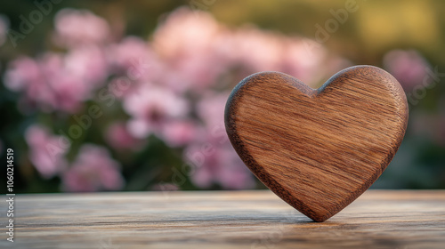 heart shaped wooden object with soft focus pink flower background evokes warmth and love