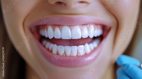 Close-up of smiling face with healthy, aligned teeth for dental hygiene concepts. photo