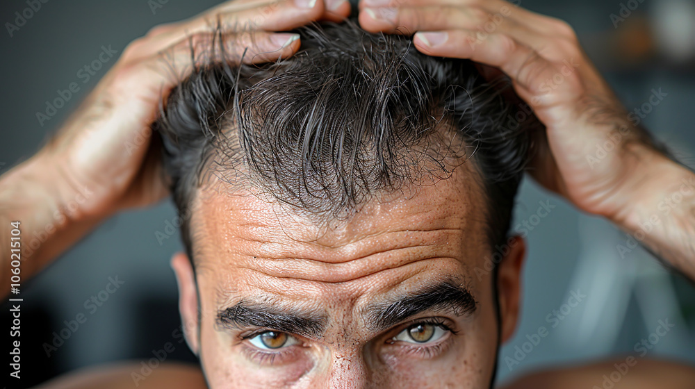 Obraz premium Close-up of a man examining his receding hairline and forehead wrinkles, expressing concern about hair loss and aging