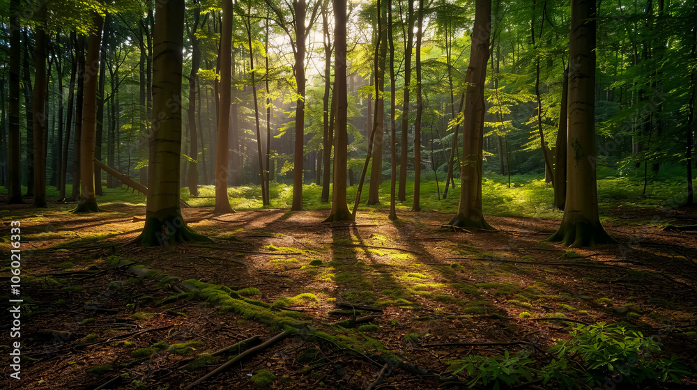 Obraz premium A serene forest glade with sunlight filtering through the trees, casting dappled shadows on the forest floor.
